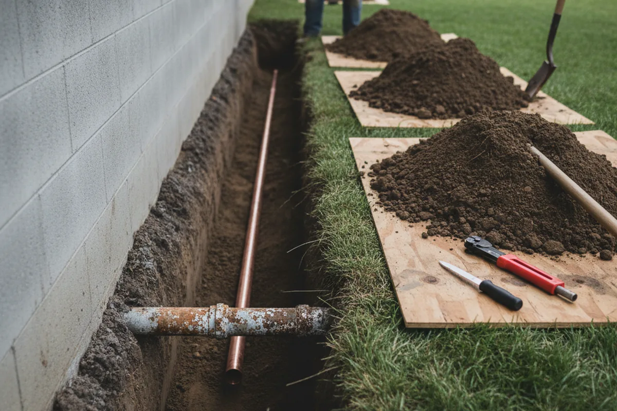 Excavated water line trench during Water Softener Installation in Cato